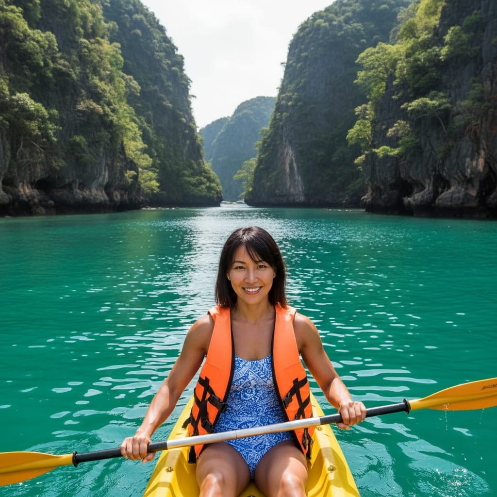 athletic asian woman kayaking hidden bay 68646247