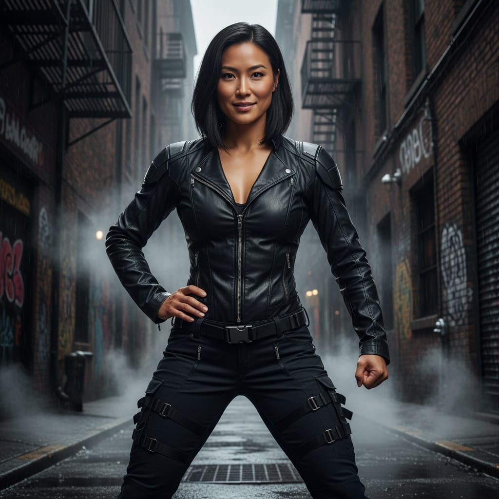 athletic asian woman leather jacket hero pose 86823289