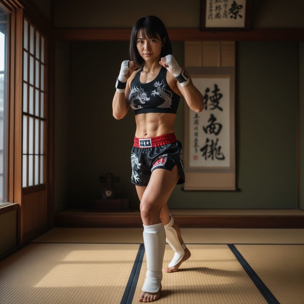 athletic asian woman martial arts fighter stance 30050332