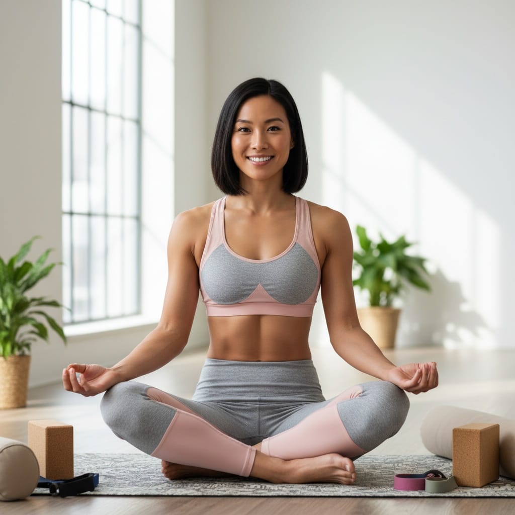 athletic asian woman mat with props seated 94090646