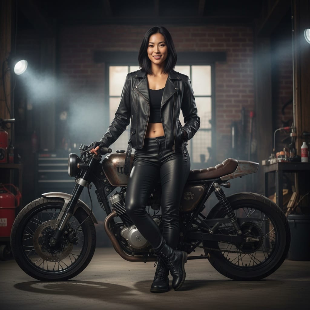 athletic asian woman motorcycle rebel hero 25926342