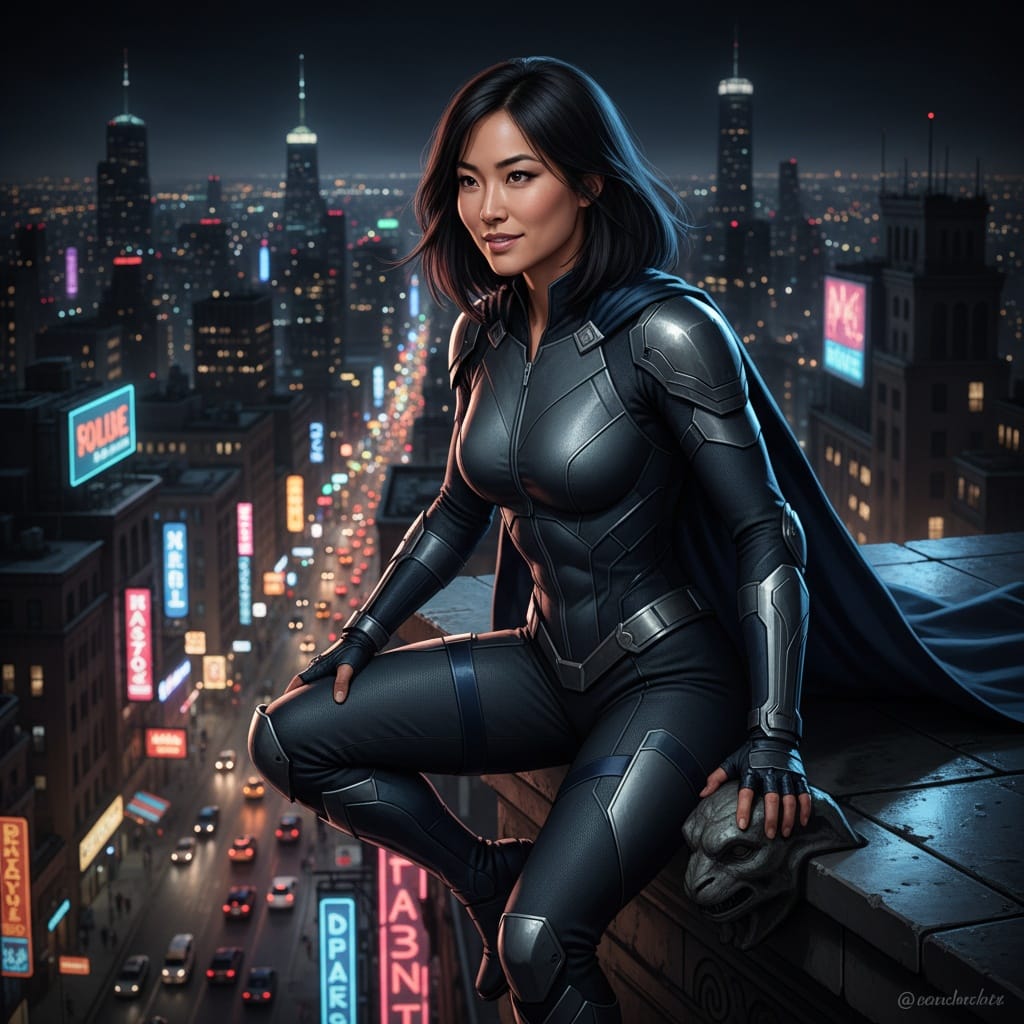 athletic asian woman night city patrol scene 23458581