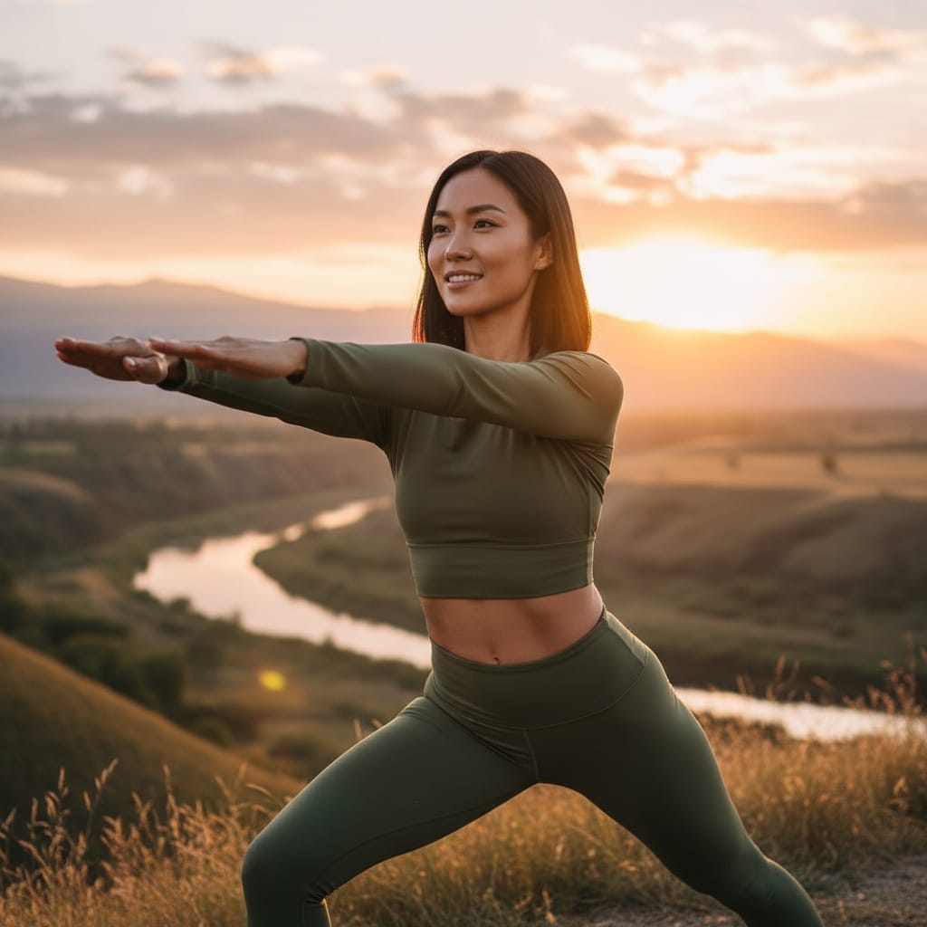 athletic asian woman outdoor sunrise practice 83140303