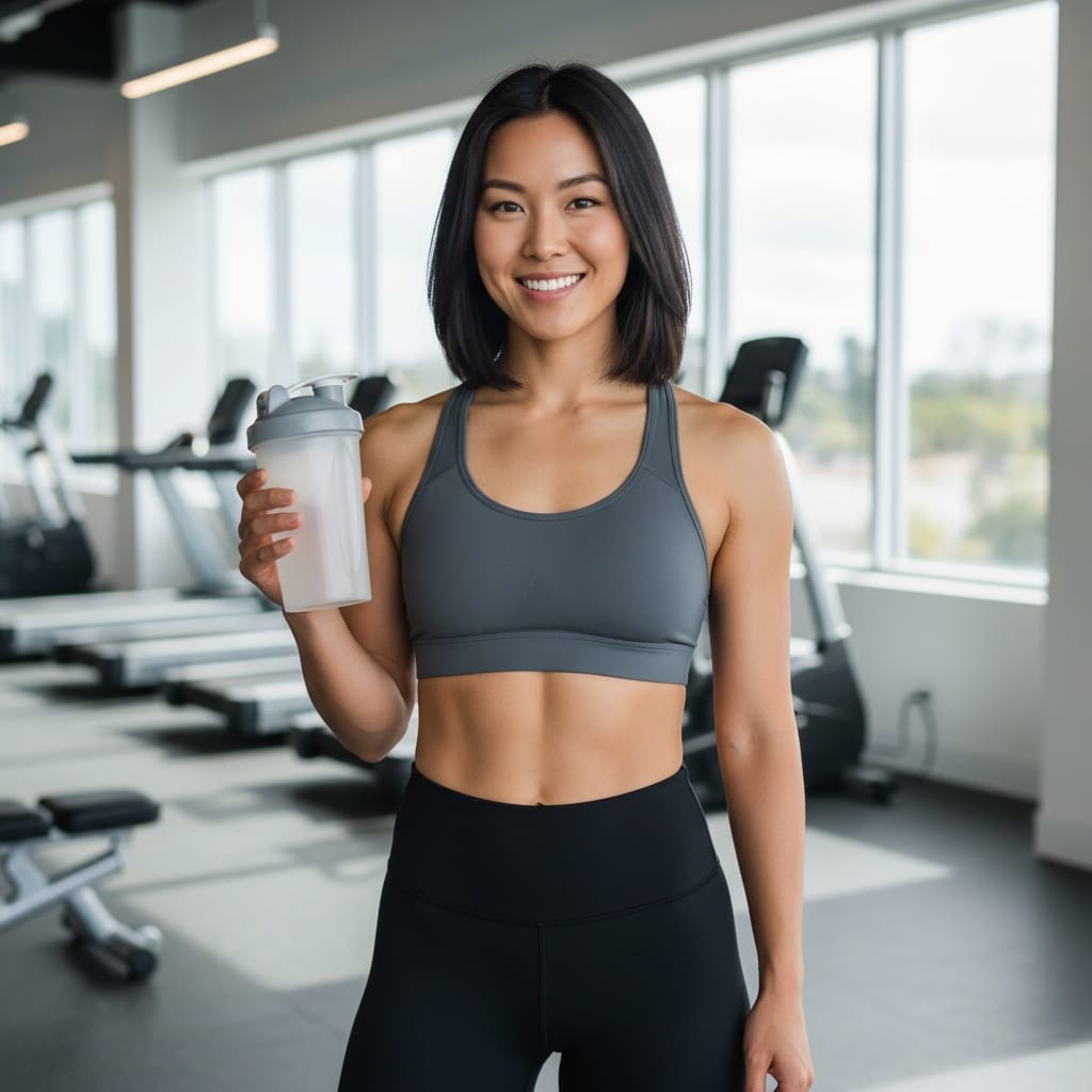 athletic asian woman protein shake lifestyle 76970183