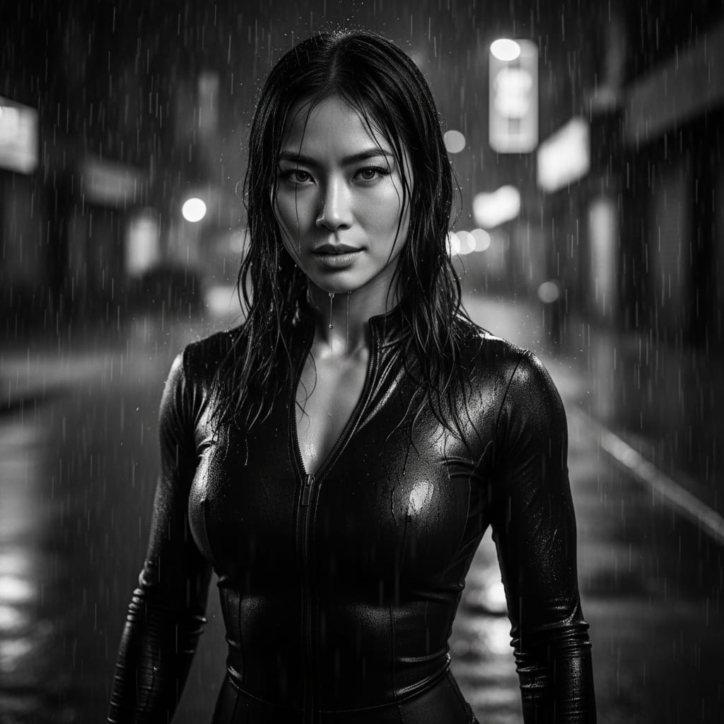 athletic asian woman rain soaked action scene 12559687