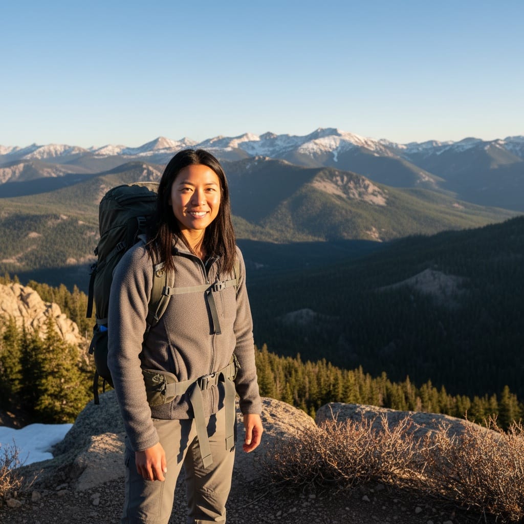 athletic asian woman rocky mountain overlook 60582259