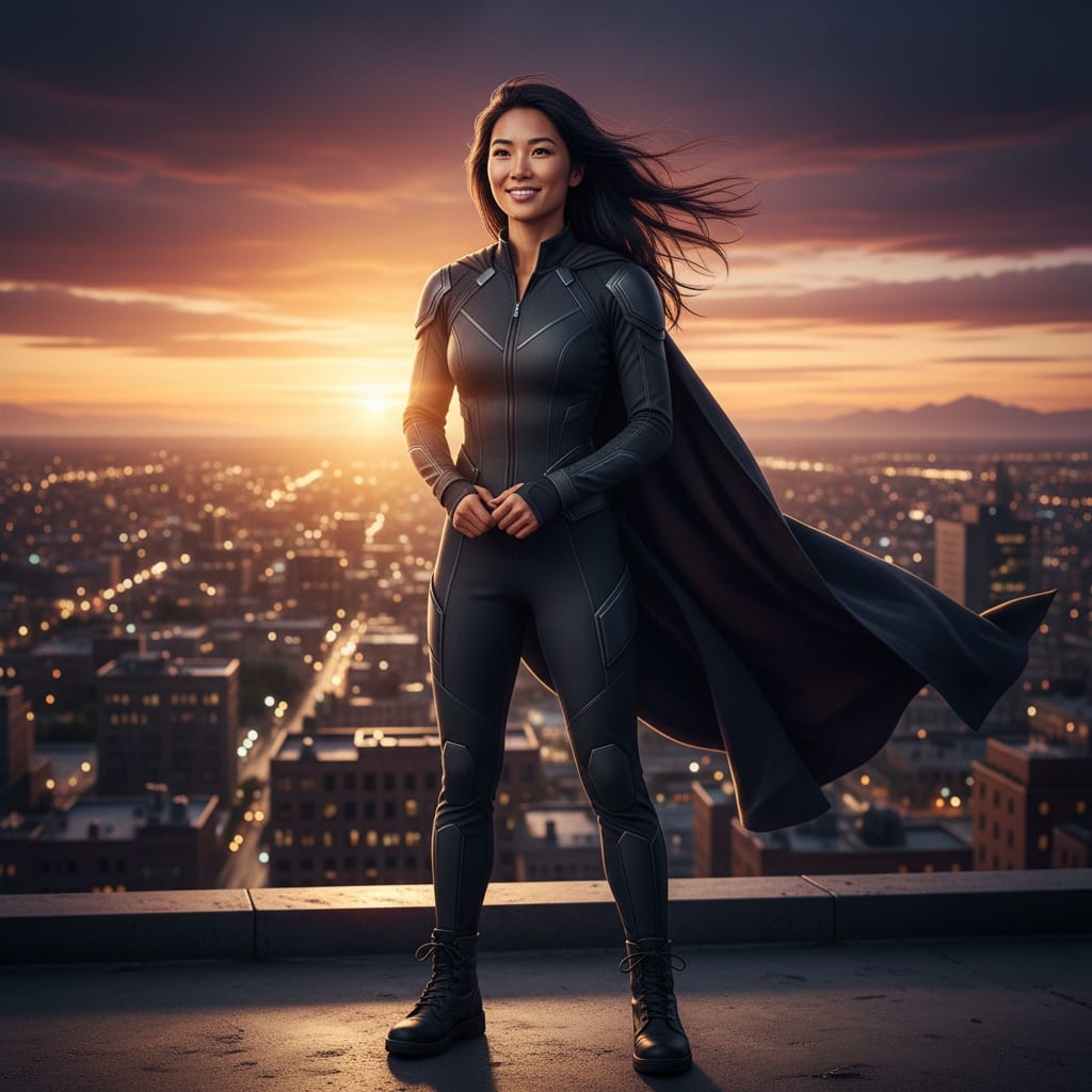 athletic asian woman rooftop city guardian 92685603