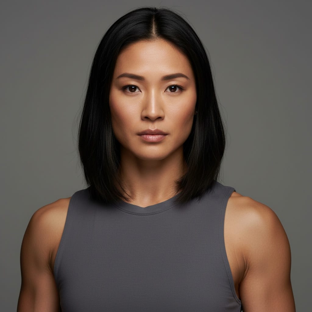 athletic asian woman serious character study 18270078