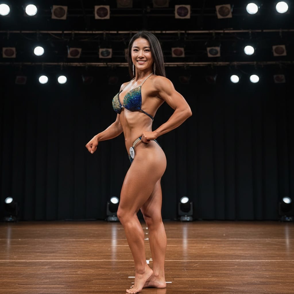 athletic asian woman side tricep quarter turn 61983290