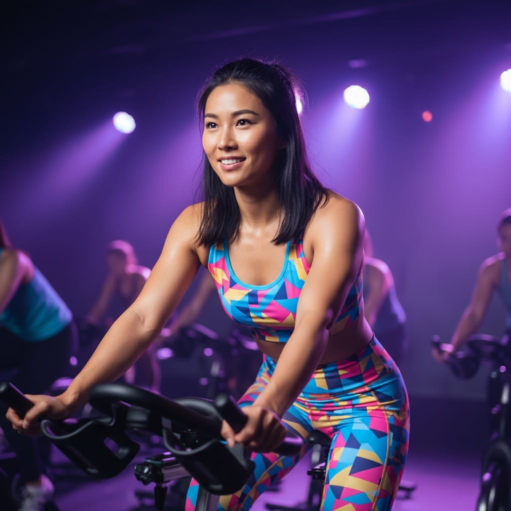 athletic asian woman spin class action 65587750