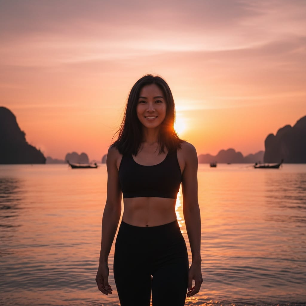 athletic asian woman sunset silhouette coast 19549460