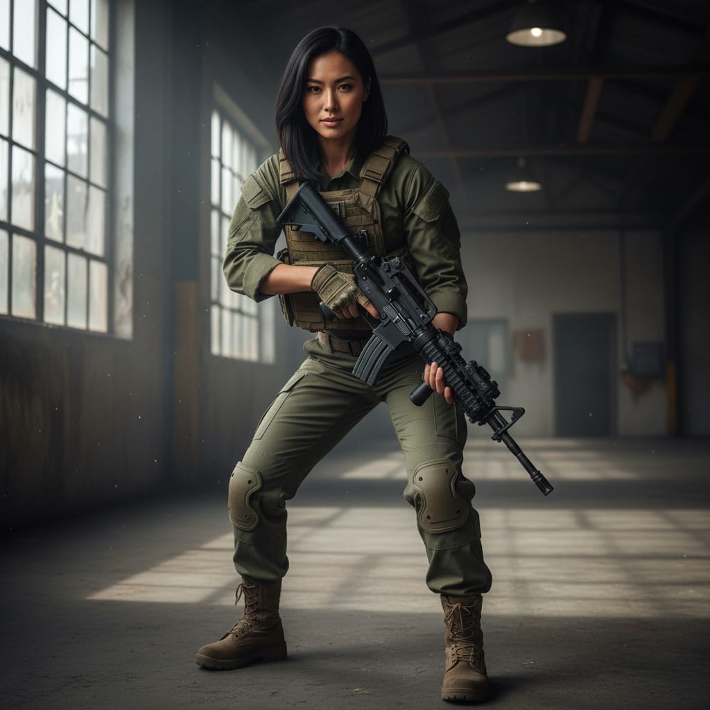 athletic asian woman tactical gear ready for action 31107983