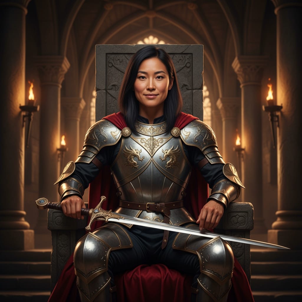 athletic asian woman throne room seated 30390755