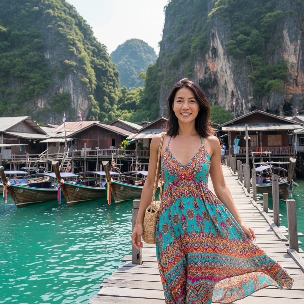 athletic asian woman traditional fishing village 54348417