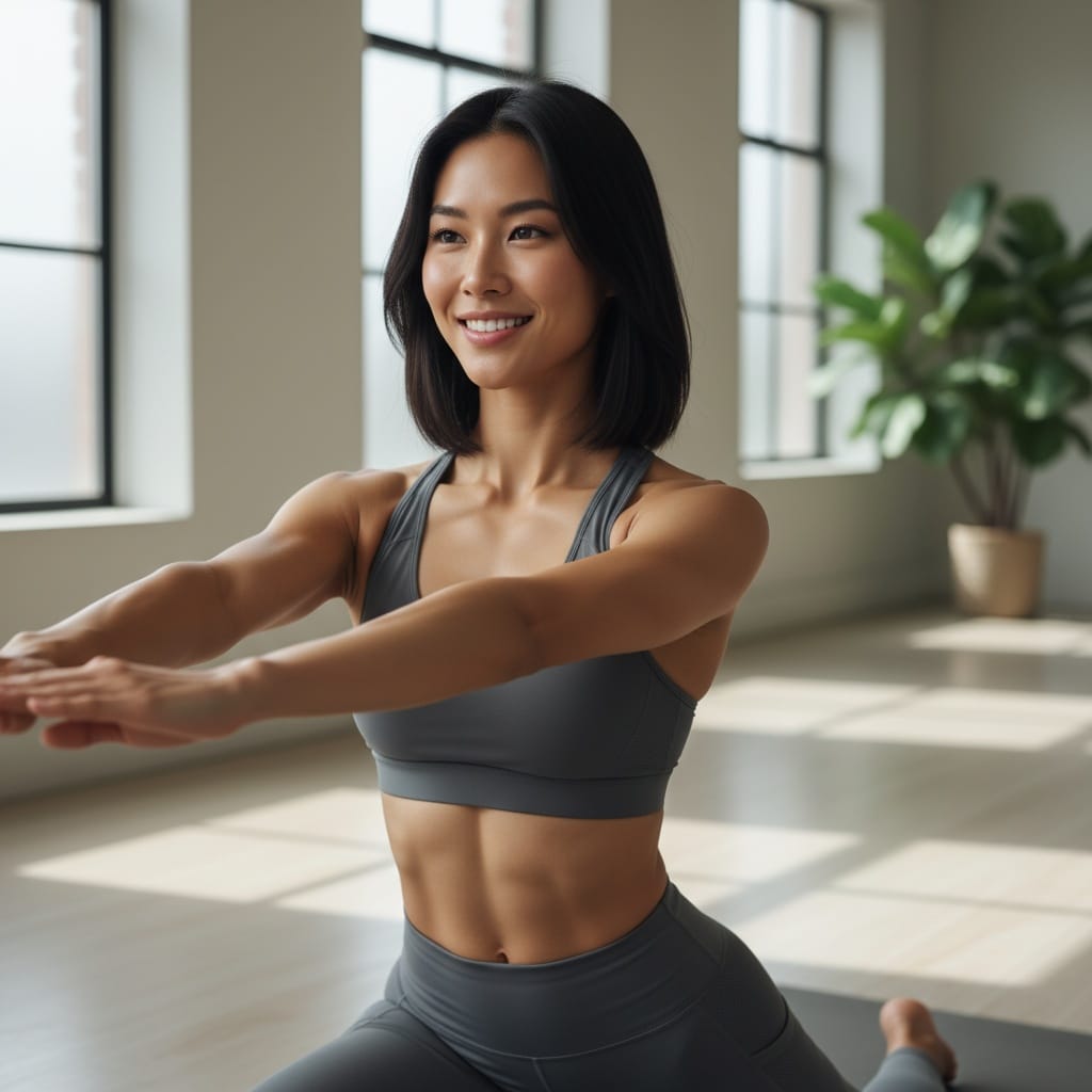 athletic asian woman yoga mat stretching 57739473