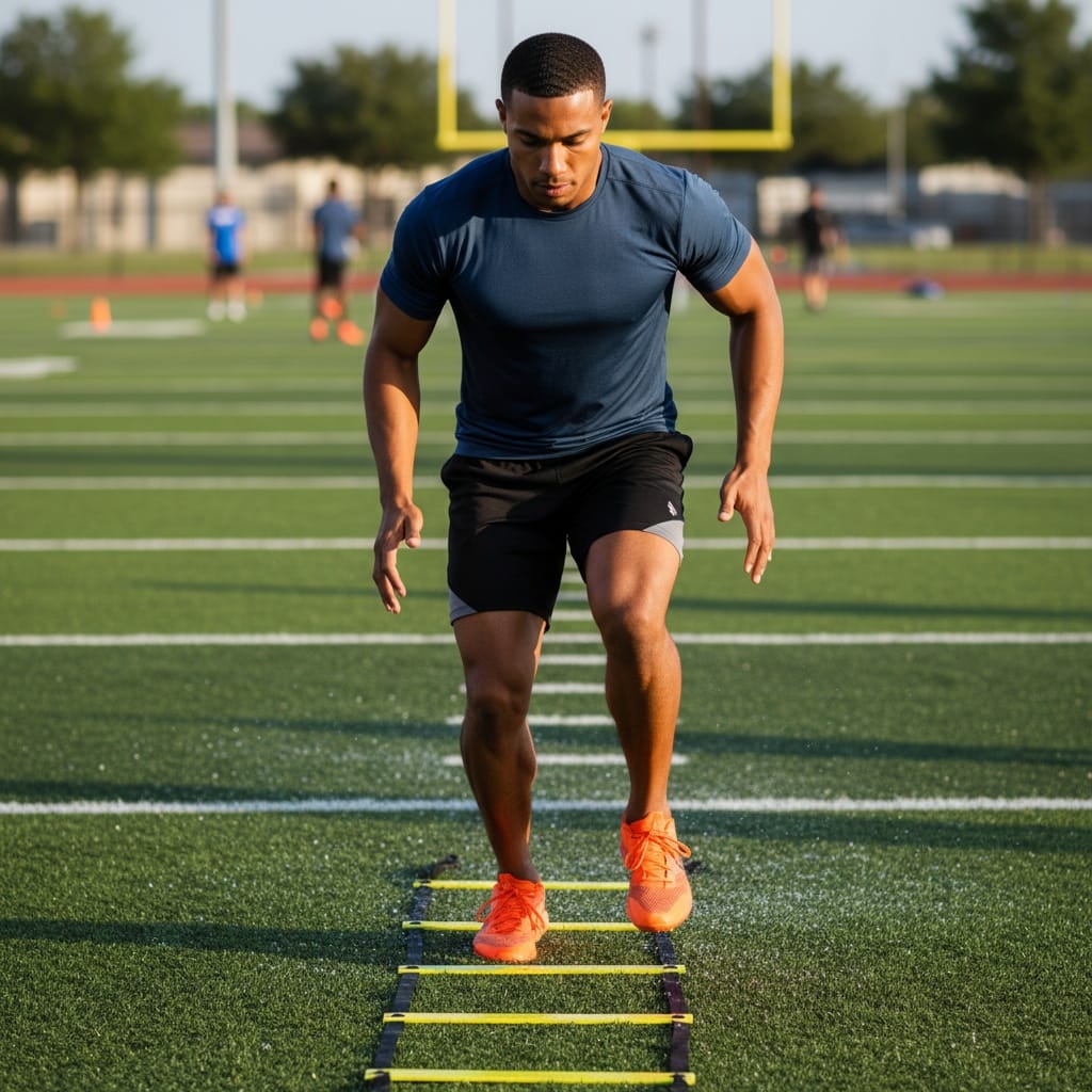 athletic black man agility ladder drills 35528792