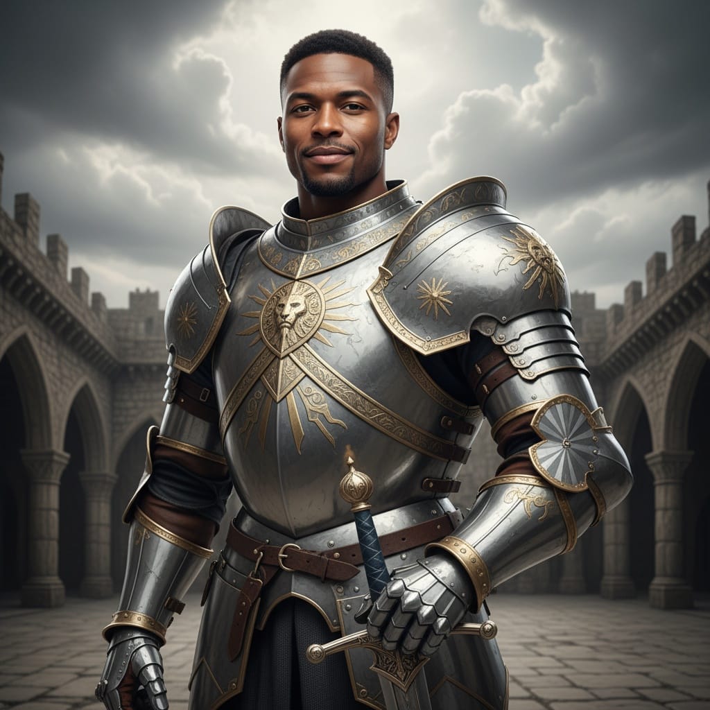 athletic black man armored knight portrait 54793544