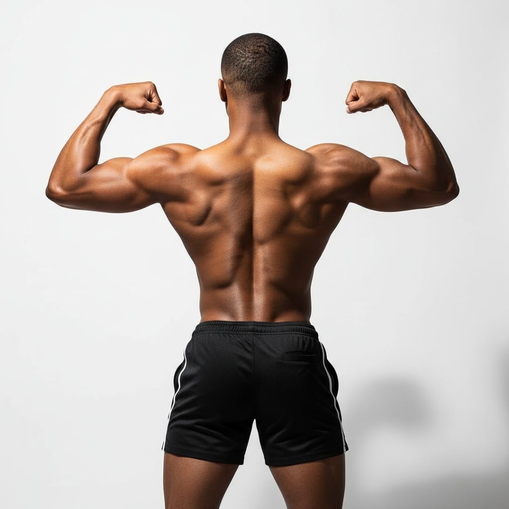 athletic black man back pose muscle detail 60042497