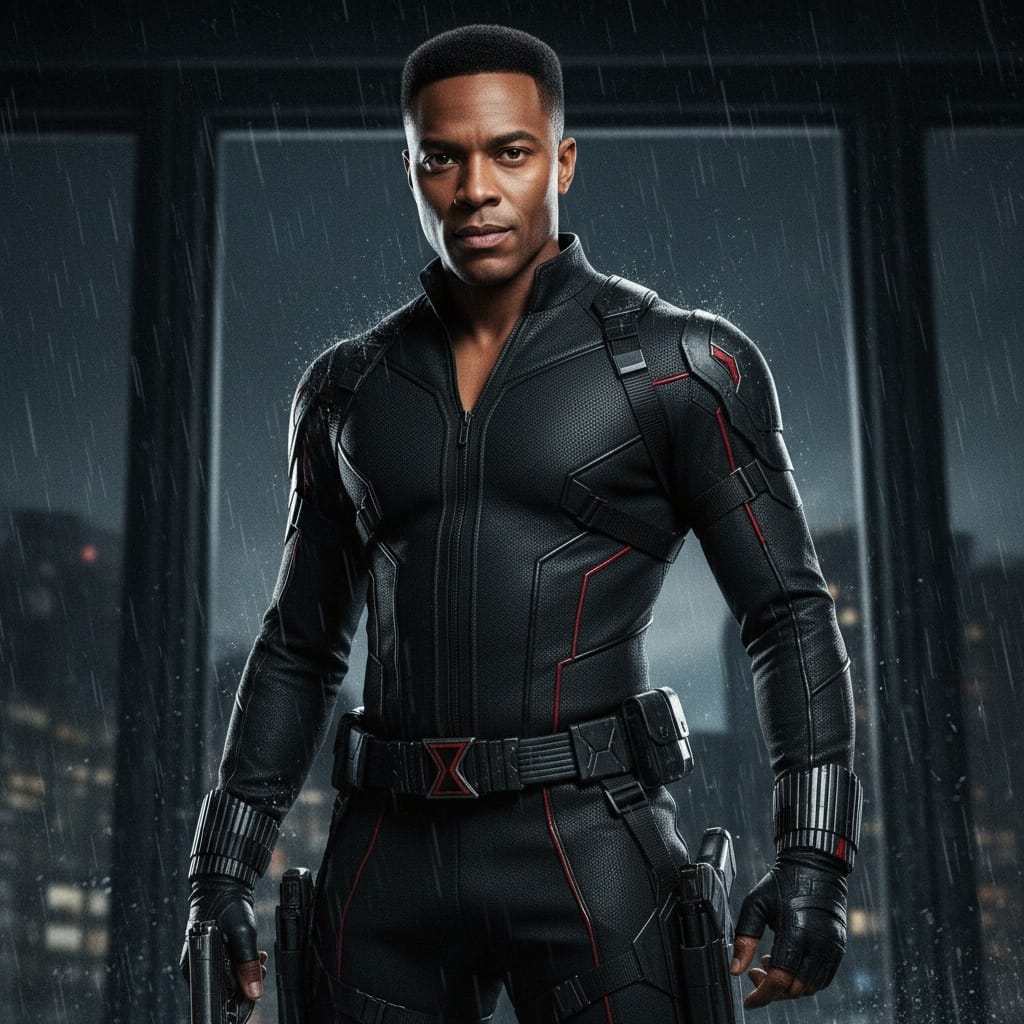 athletic black man black widow tactical pose 99637512