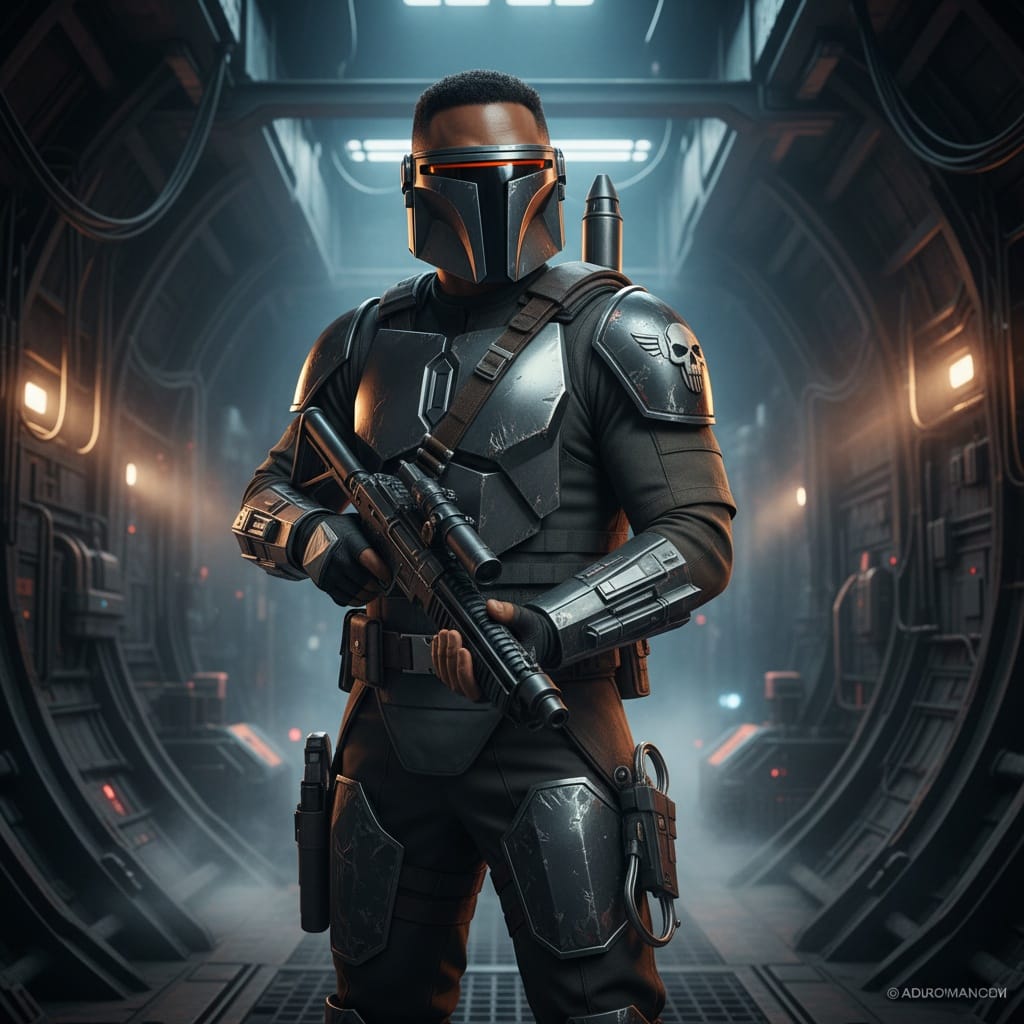 athletic black man bounty hunter armor 99430136
