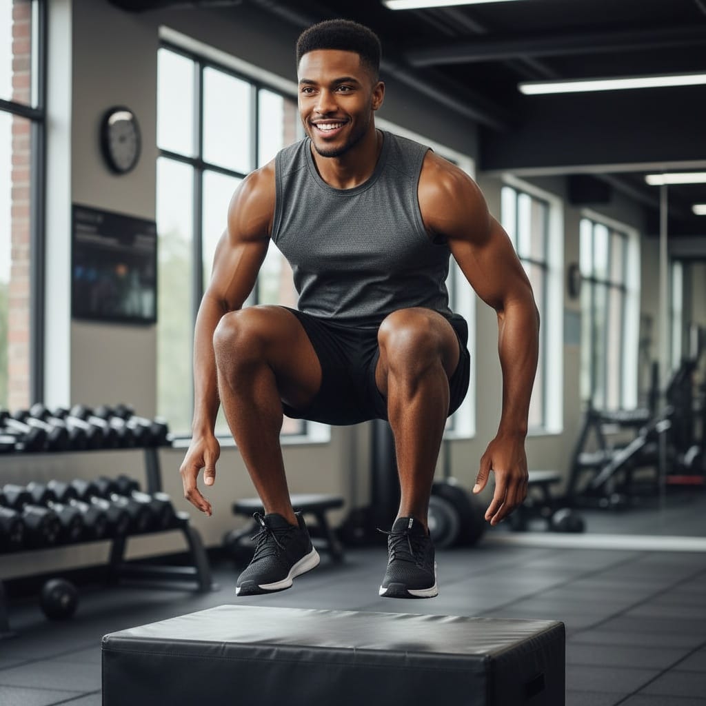 athletic black man box jump mid air 58895000