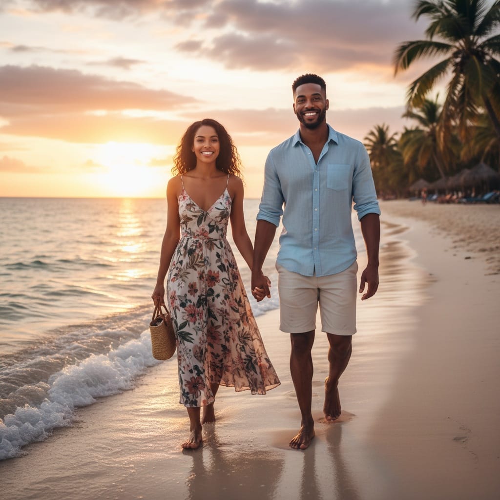 athletic black man couple beach walk sunset 49687486