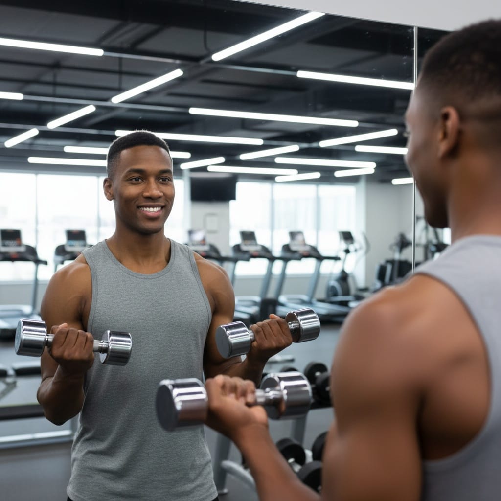 athletic black man dumbbell mirror reflection 34351734
