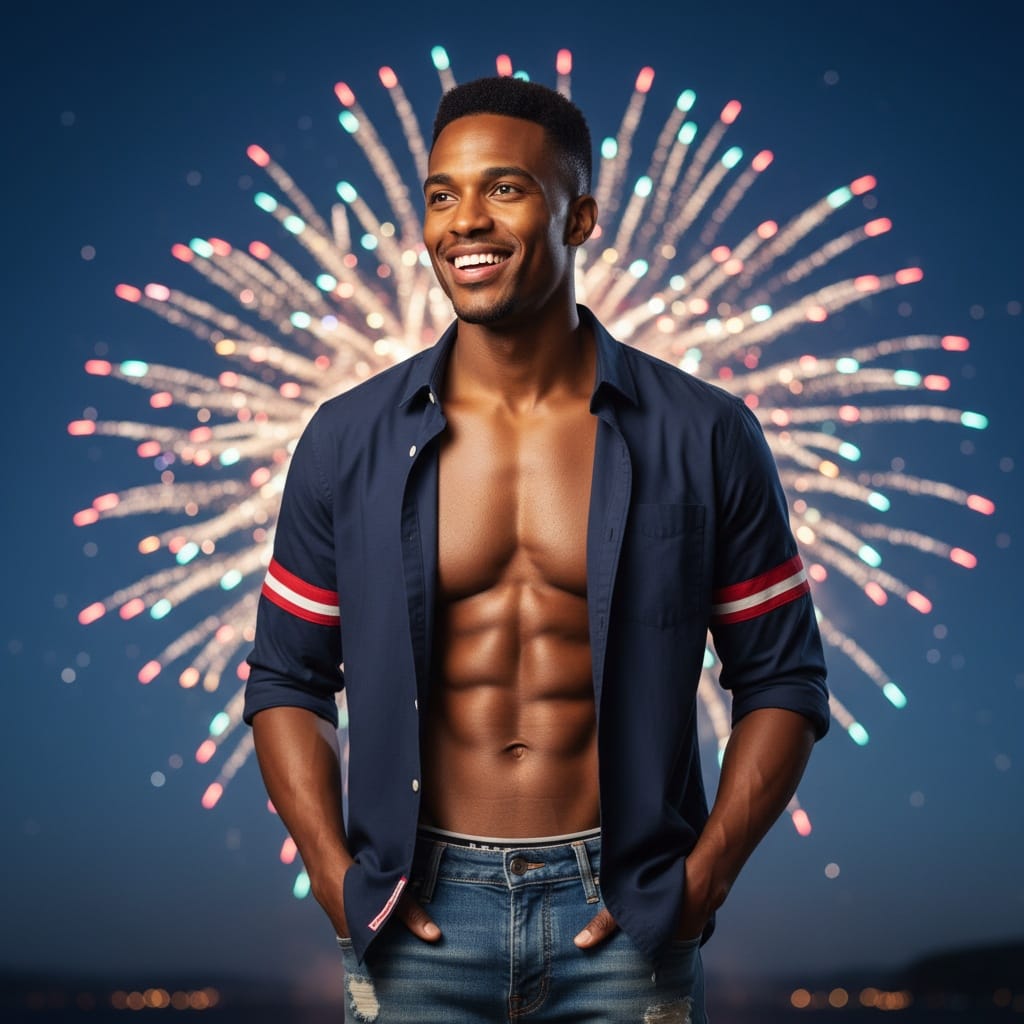 athletic black man fireworks celebration portrait 29780892