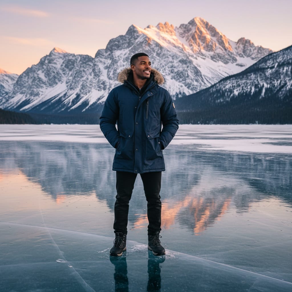 athletic black man frozen lake landscape 71905029
