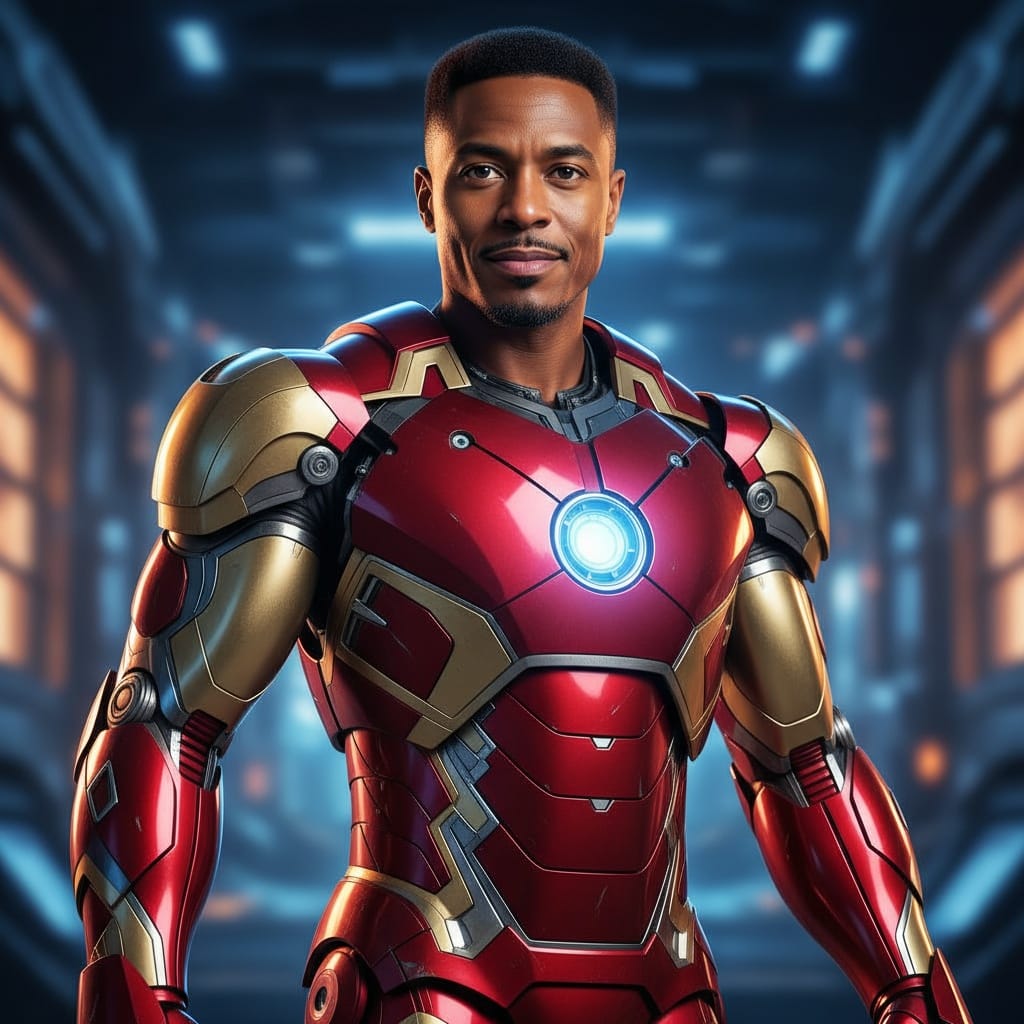 athletic black man iron man suit heroic pose 76636509