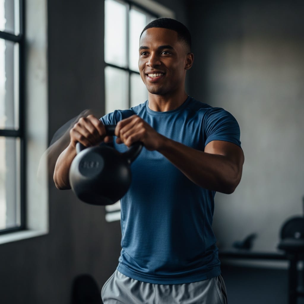 athletic black man kettlebell swing dynamic motion 85938566