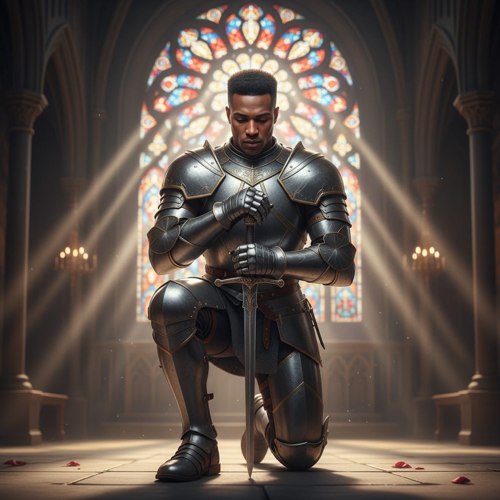 athletic black man kneeling sword ceremony 18679571