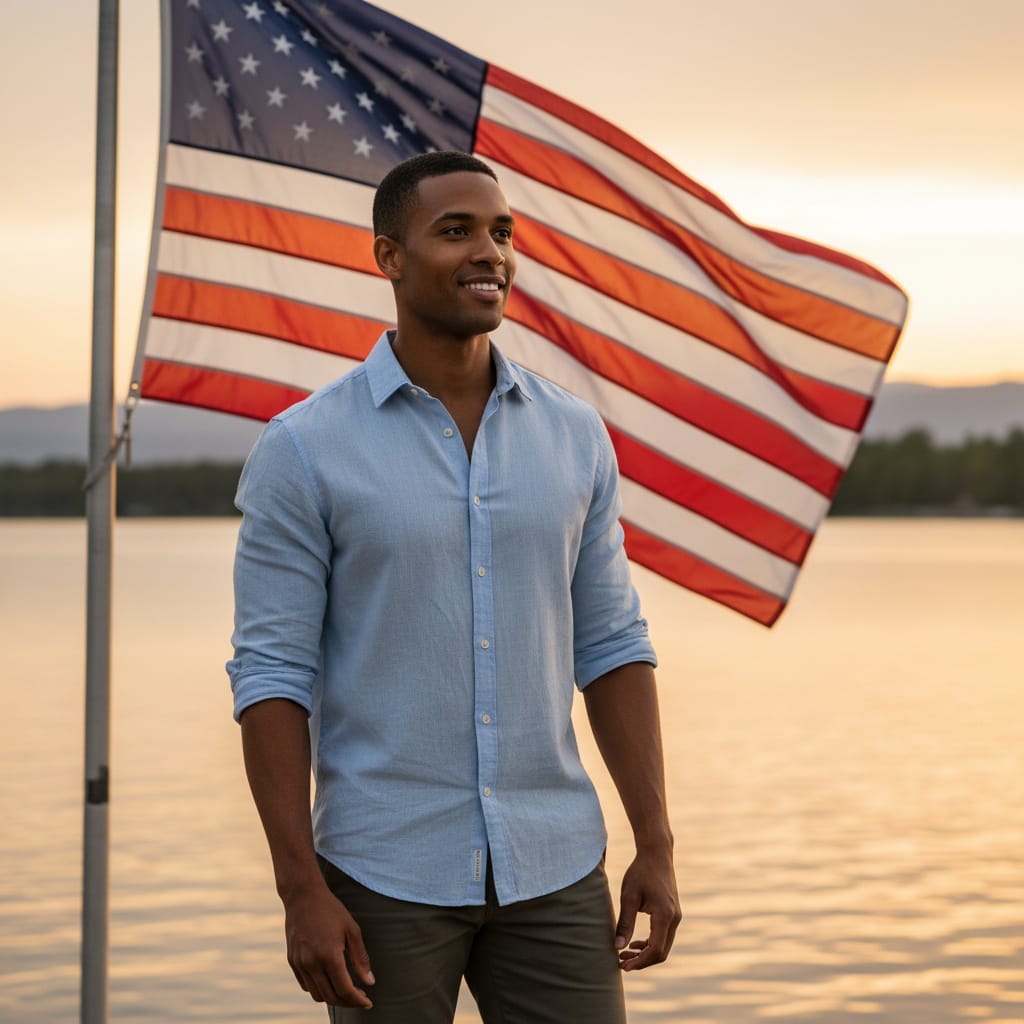 athletic black man lakeside patriotic sunset 30121403