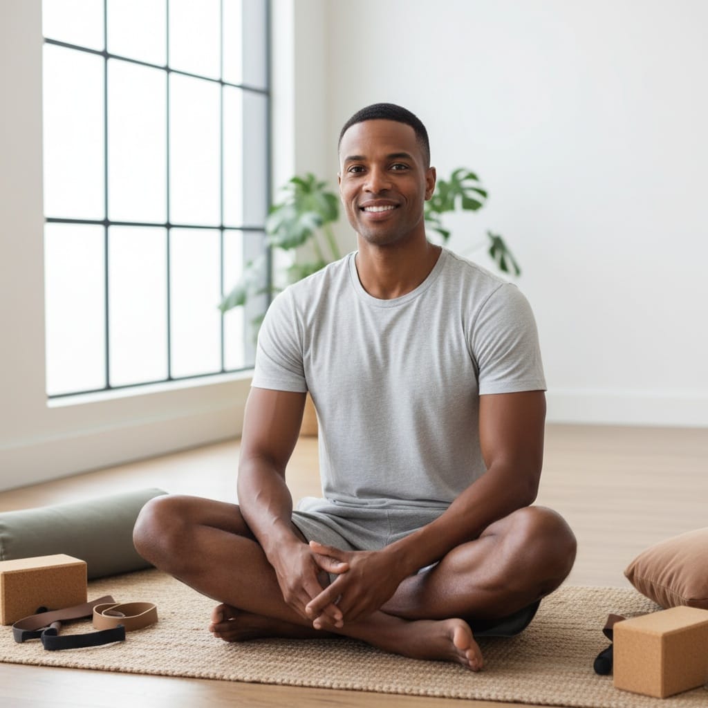 athletic black man mat with props seated 89992914