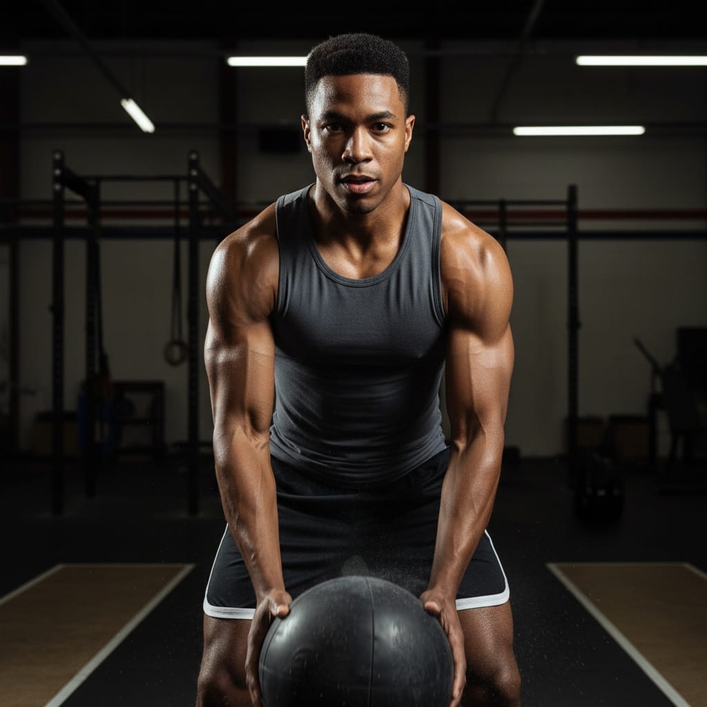 athletic black man medicine ball slam 38677622
