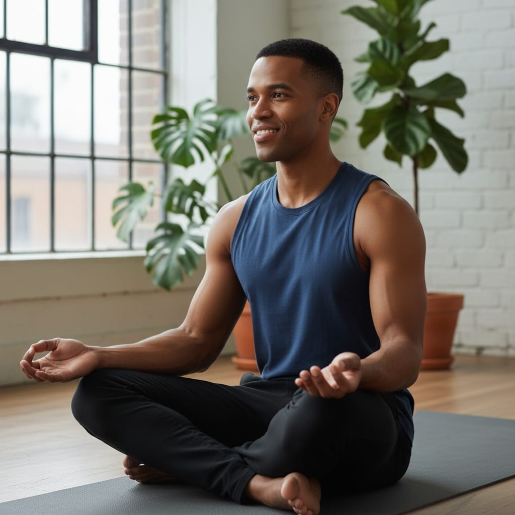 athletic black man meditation pose studio 12159541