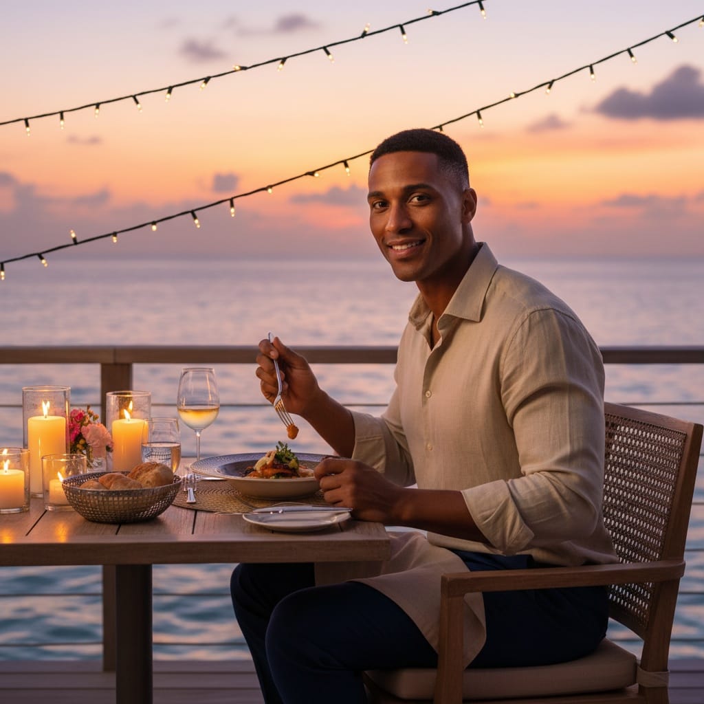 athletic black man overwater dining deck 79992341
