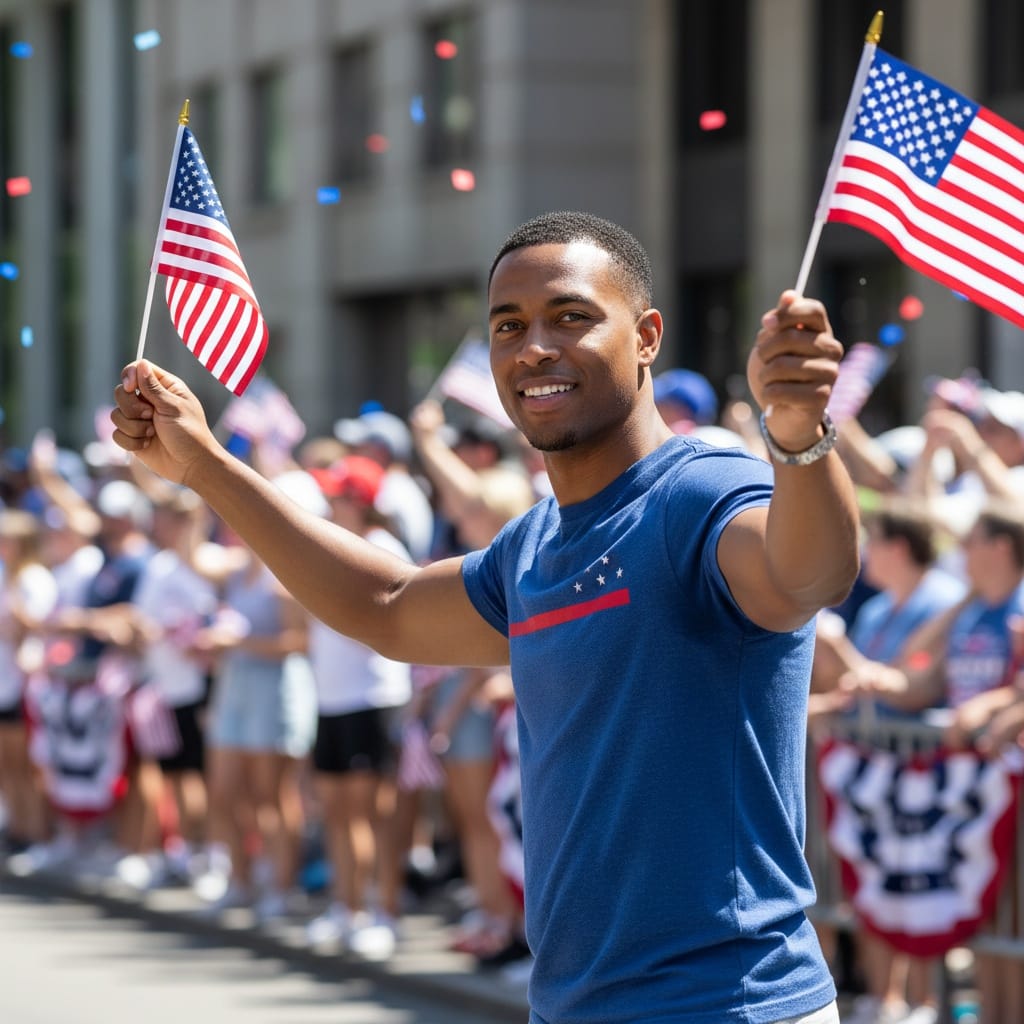athletic black man parade route waving 41443040