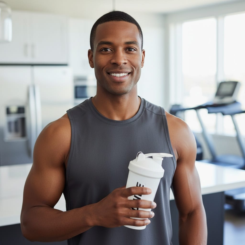 athletic black man post workout protein shake 90346747