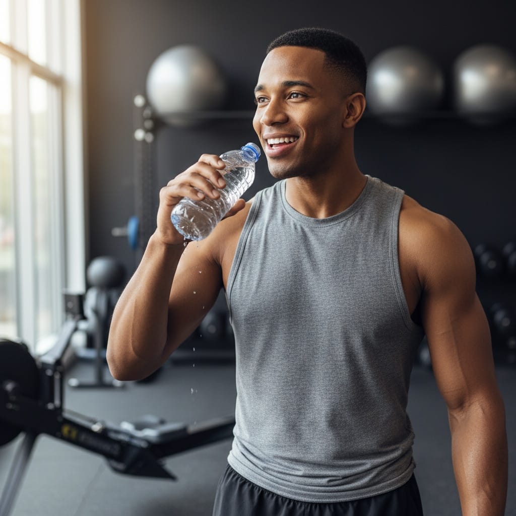athletic black man post workout water break 64369160