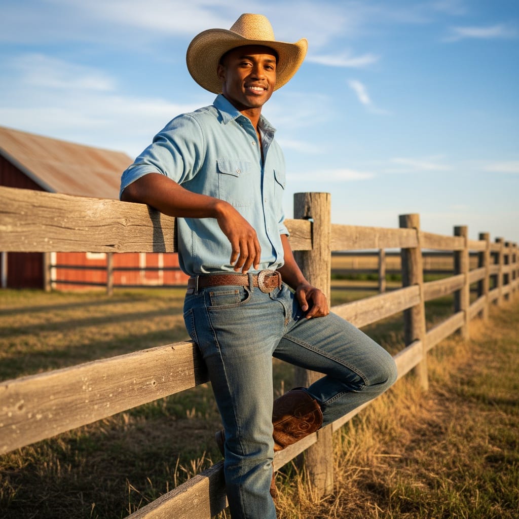 athletic black man ranch fence leaning 25118358