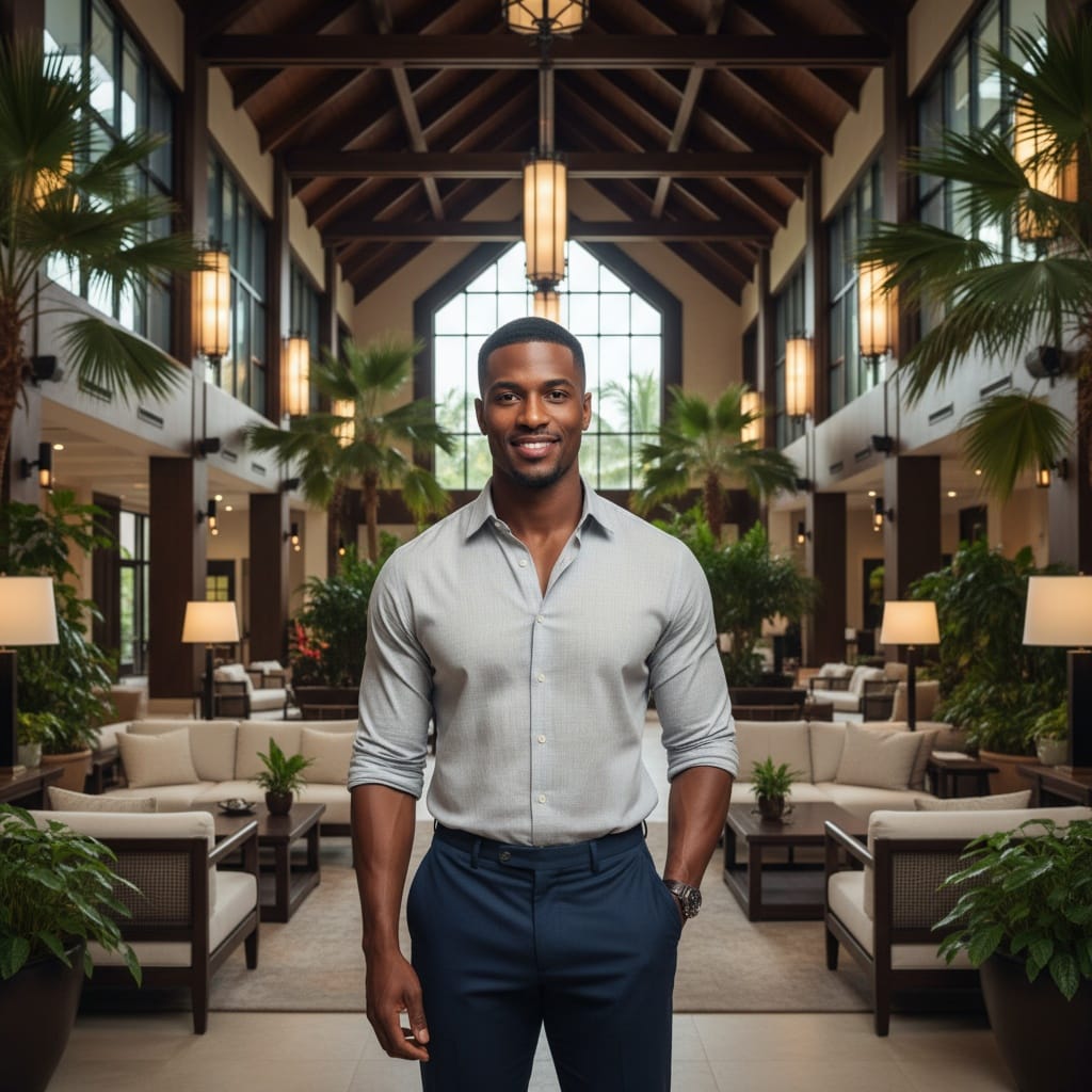 athletic black man resort lobby tropical luxury 91252556