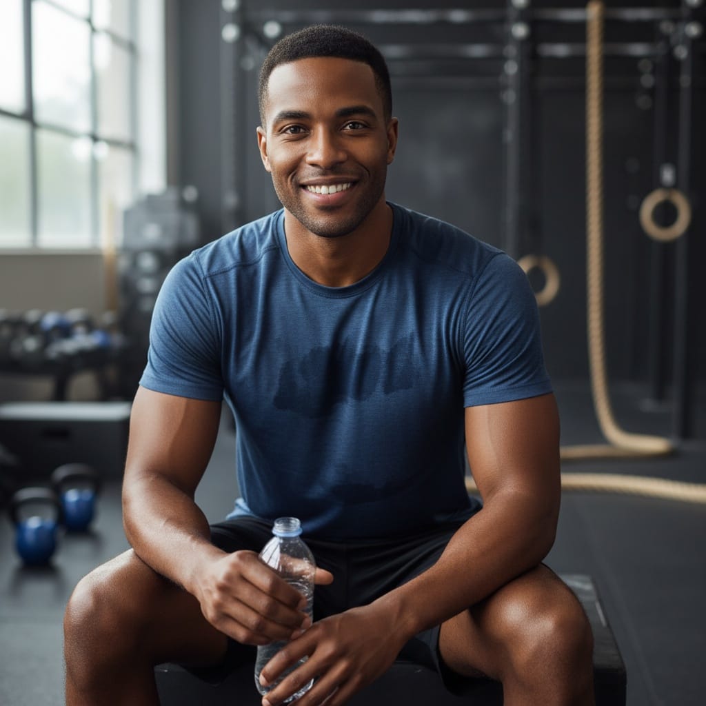 athletic black man rest between sets portrait 83298092