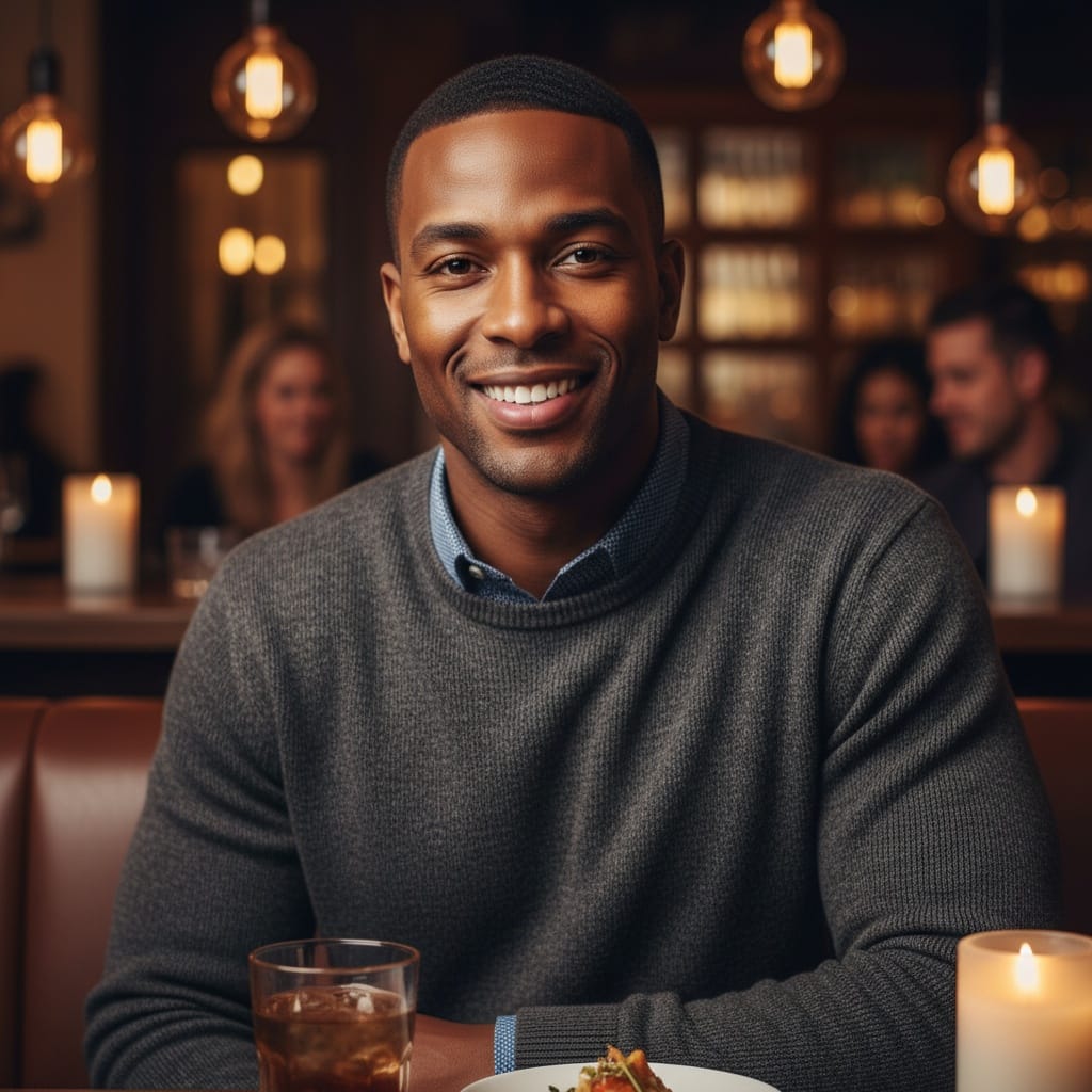 athletic black man restaurant date ready 23879013
