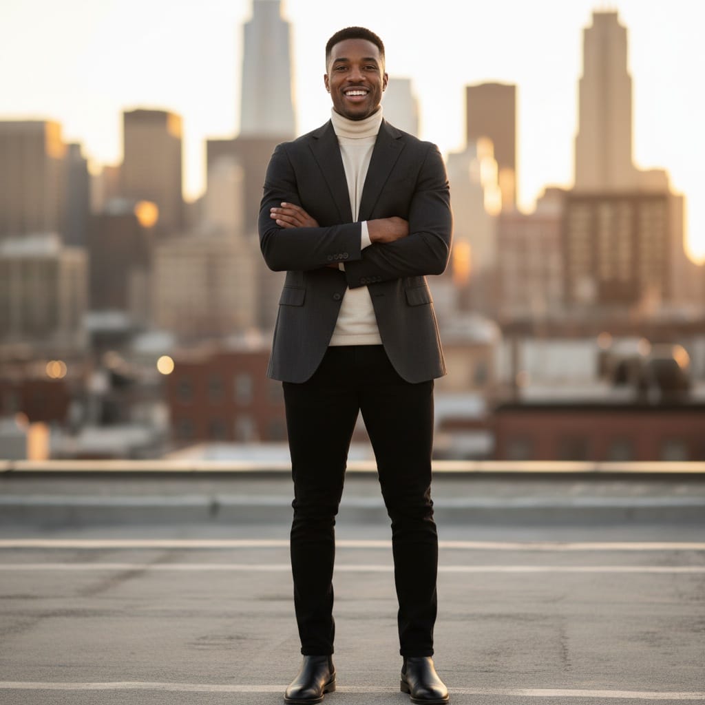 athletic black man rooftop cityscape sunset 35302156
