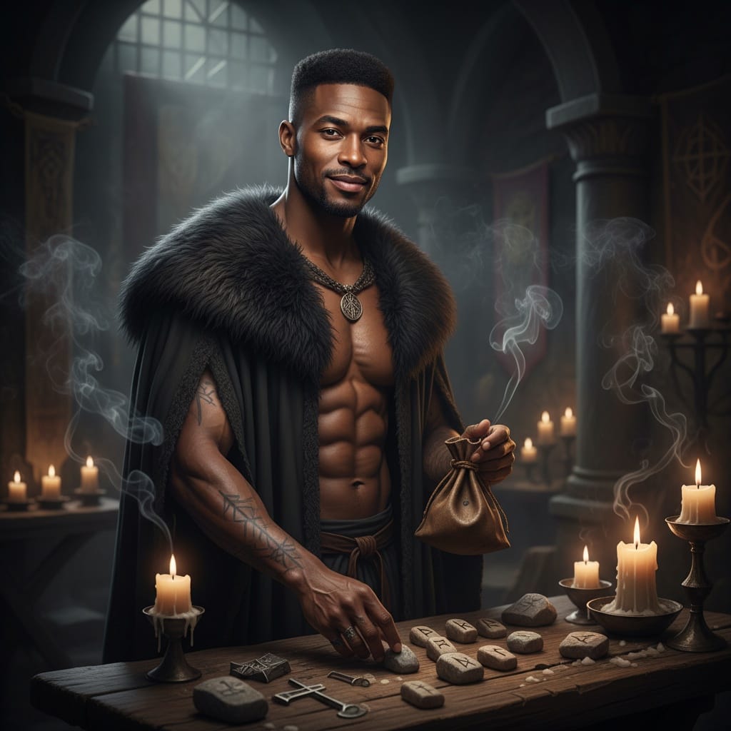 athletic black man runes mystic ritual 55146001