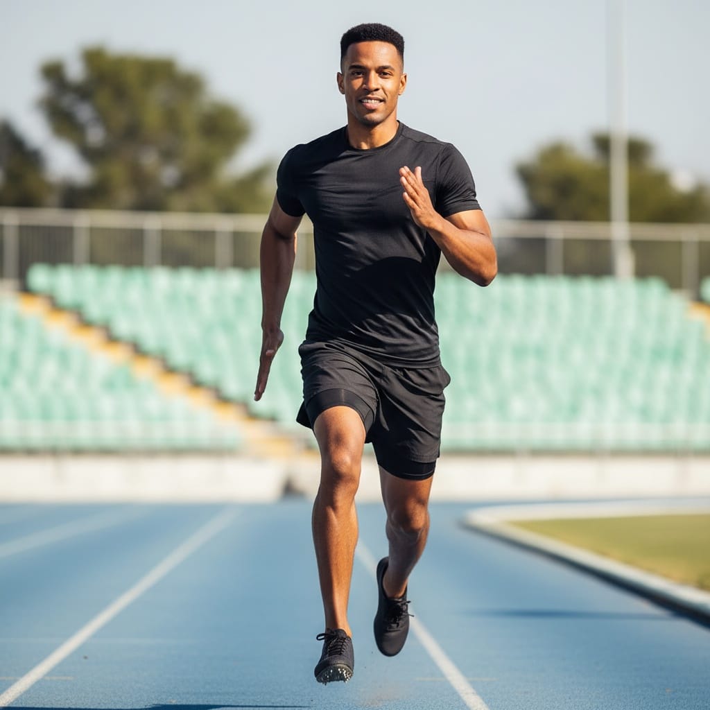 athletic black man running track outdoor action 58465266