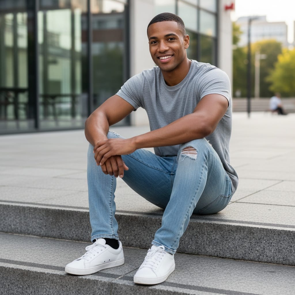 athletic black man sitting relaxed lifestyle pose 76832008