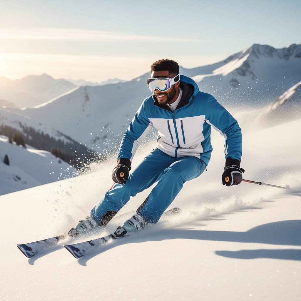 athletic black man skiing action slopes 73092306