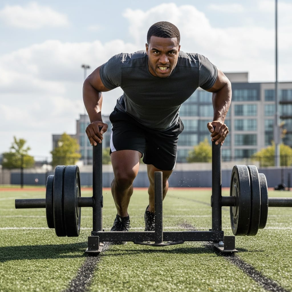 athletic black man sled push power drive 78263916